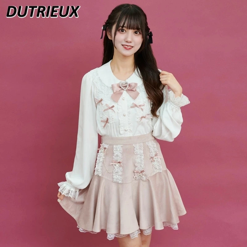 Spring Summer SC Japanese Lolita Style Short Skirts for Women Sweet Cute Lace Bow Cute Slim-Fit High Waist Casual Skirt