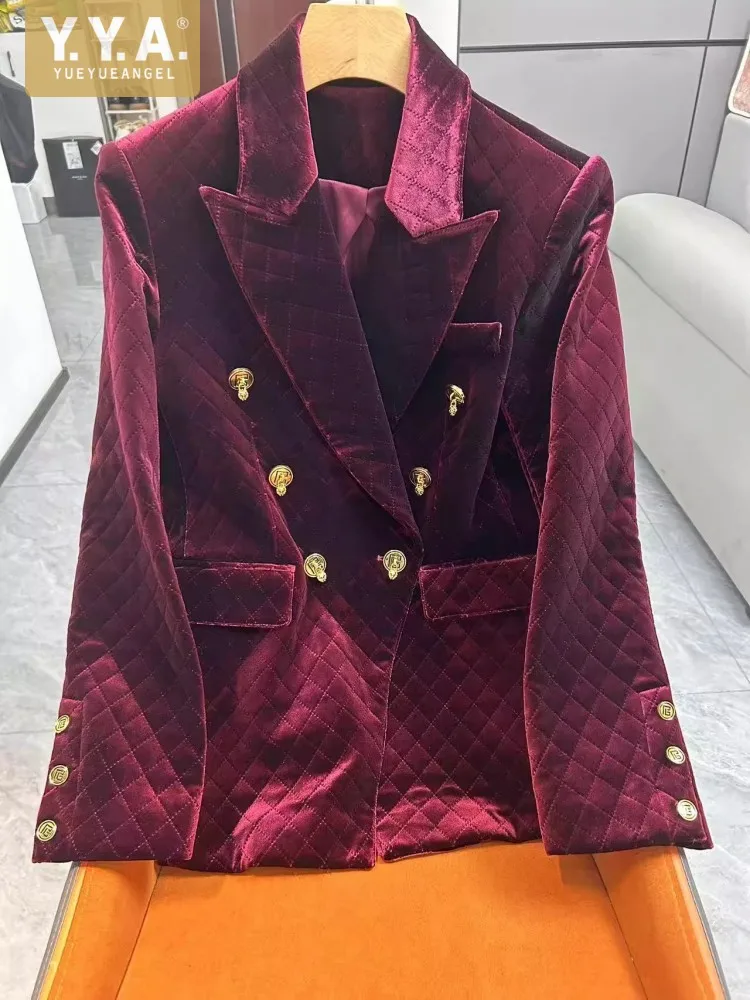 Elegant Office Ladies Autumn Winter Velvet Suit Jacket Lapel Double Breasted Warm Padded Liner Slim Fit Women Vintage Blazers