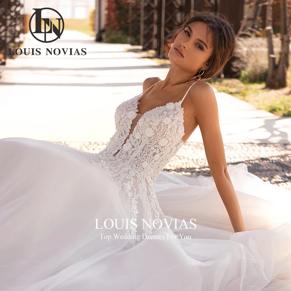 LOUIS NOVIAS-Vestido de noiva com pérolas bordadas, vestidos de noiva, cintas de espaguete, vestido de noiva sem costas, 2024