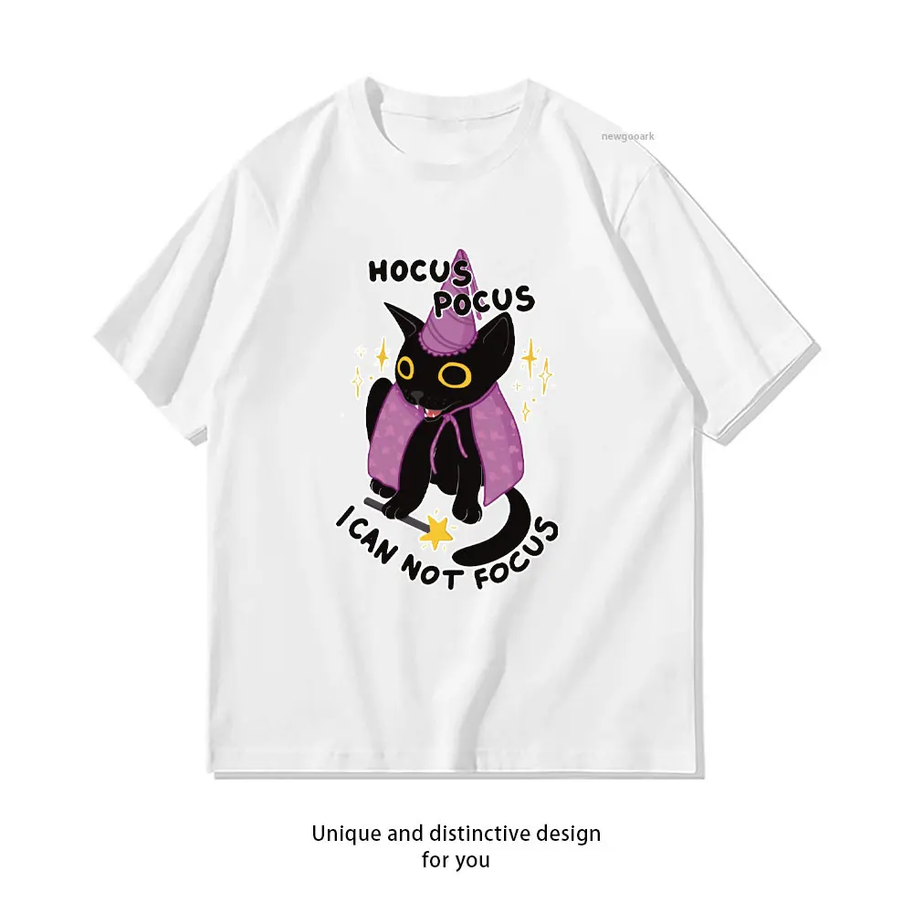 Engraçado tdah gato hocus pocus eu não posso foco clássico-camisa mulher homem casual algodão gráfico t camisas streetwear o-pescoço camisa