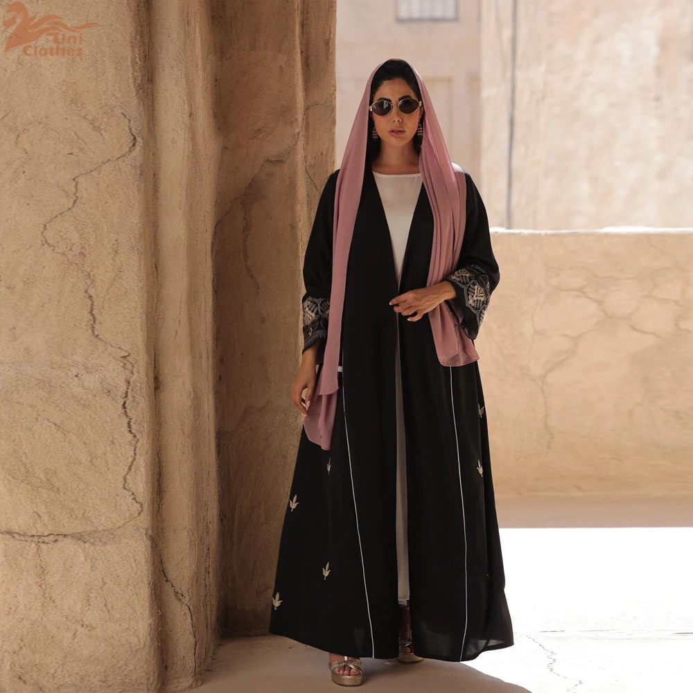 Solid Casual Daily Open Kimono Abaya Galabia Muslim Saudi Women Kaftan Moroccan African Floral Embroidery Robe Clothing