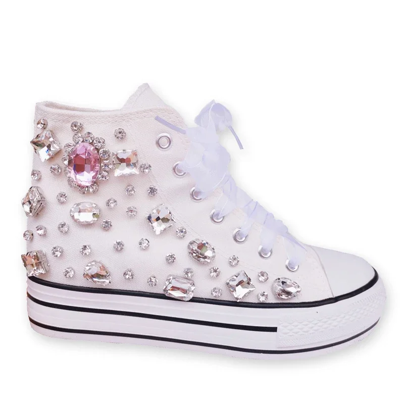 

Women Sneakers Hand Sewed Sticky Diamond Crystals Thick Bottom Inner High Top Designer Customize Colors Flats Strap Canvas Shoes