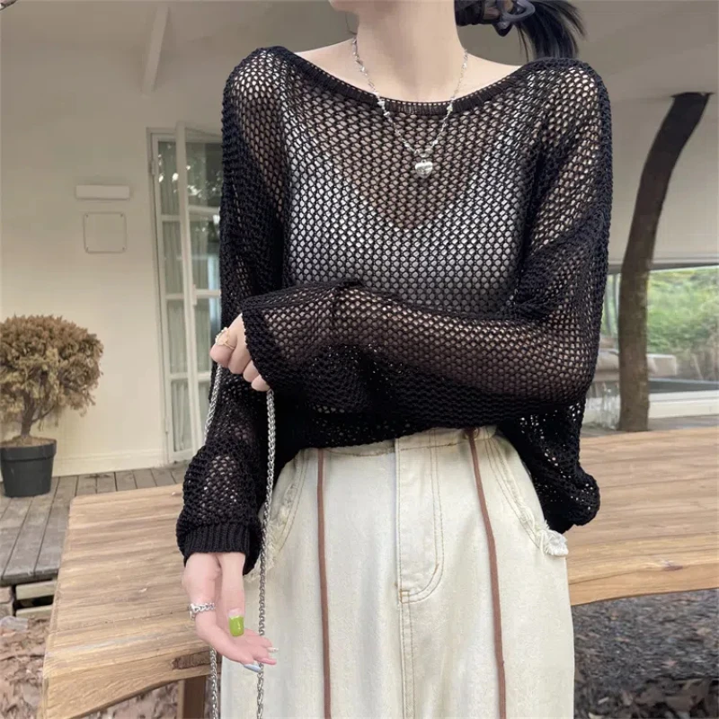 Solid Backless Pearl Chain Loose Knitting Pullovers Summer New Round Neck Hollow Out Korean Long Sleeve Loose Women T Shirt Top