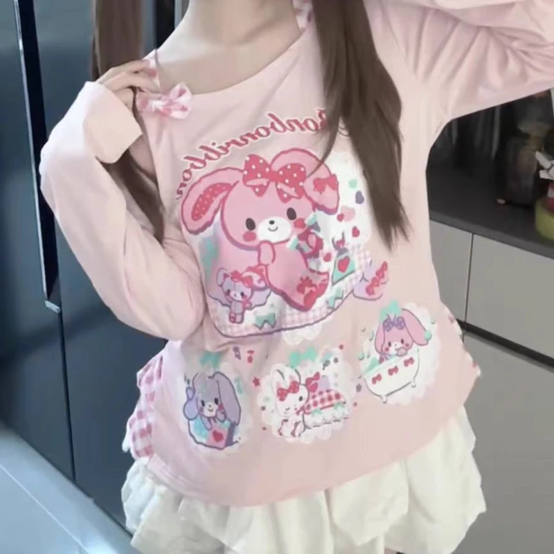 2025 novo japonês y2k kawaii t camisas femininas falso dois manga longa t moda anime impressão colheita topos túnica casual bonito camiseta
