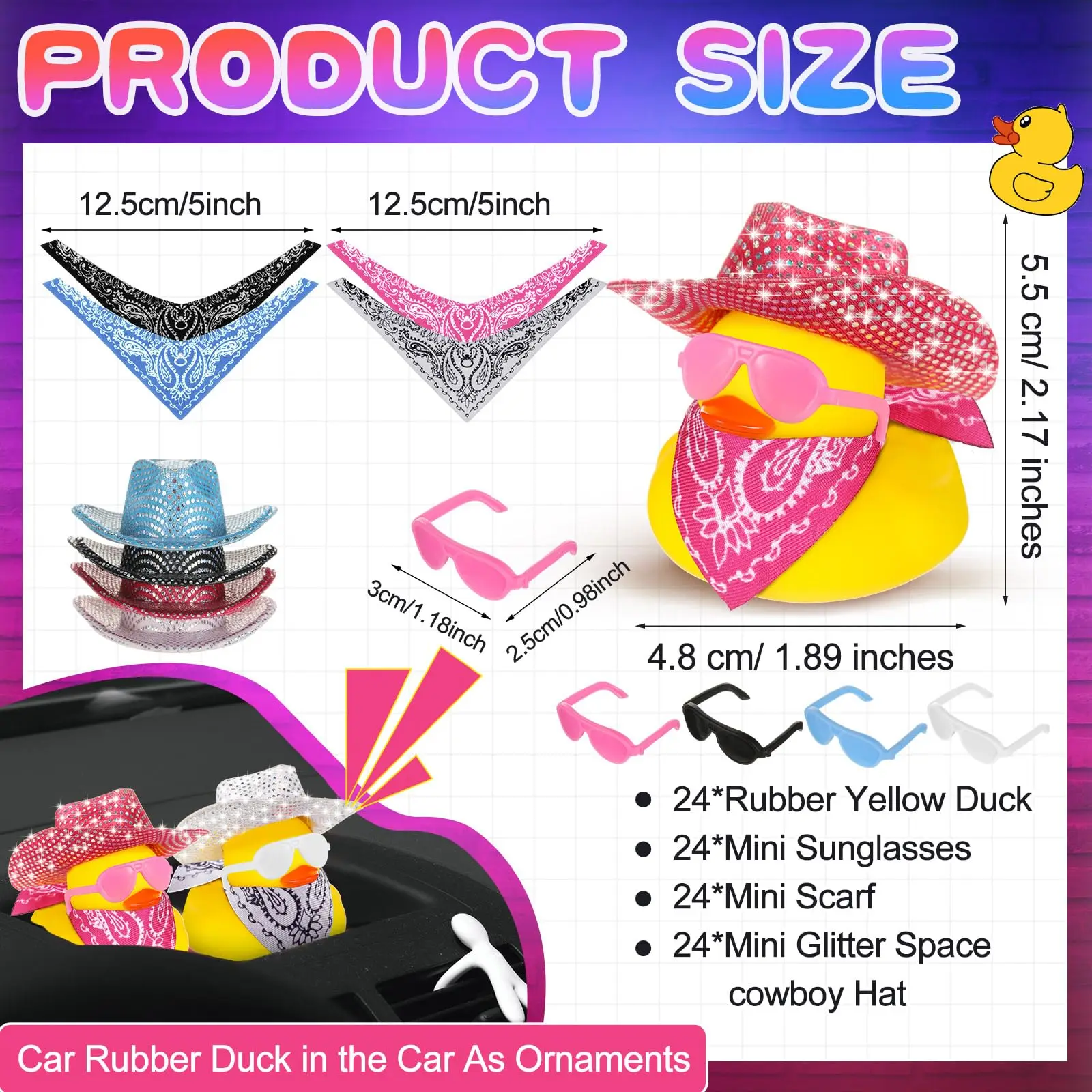 24Set Disco Cowboy Rubber Duck with Mini Holographic Space Hat Scarf Sunglasse Bath Rubber Duck Bathtub Toy Baby Shower Supplie