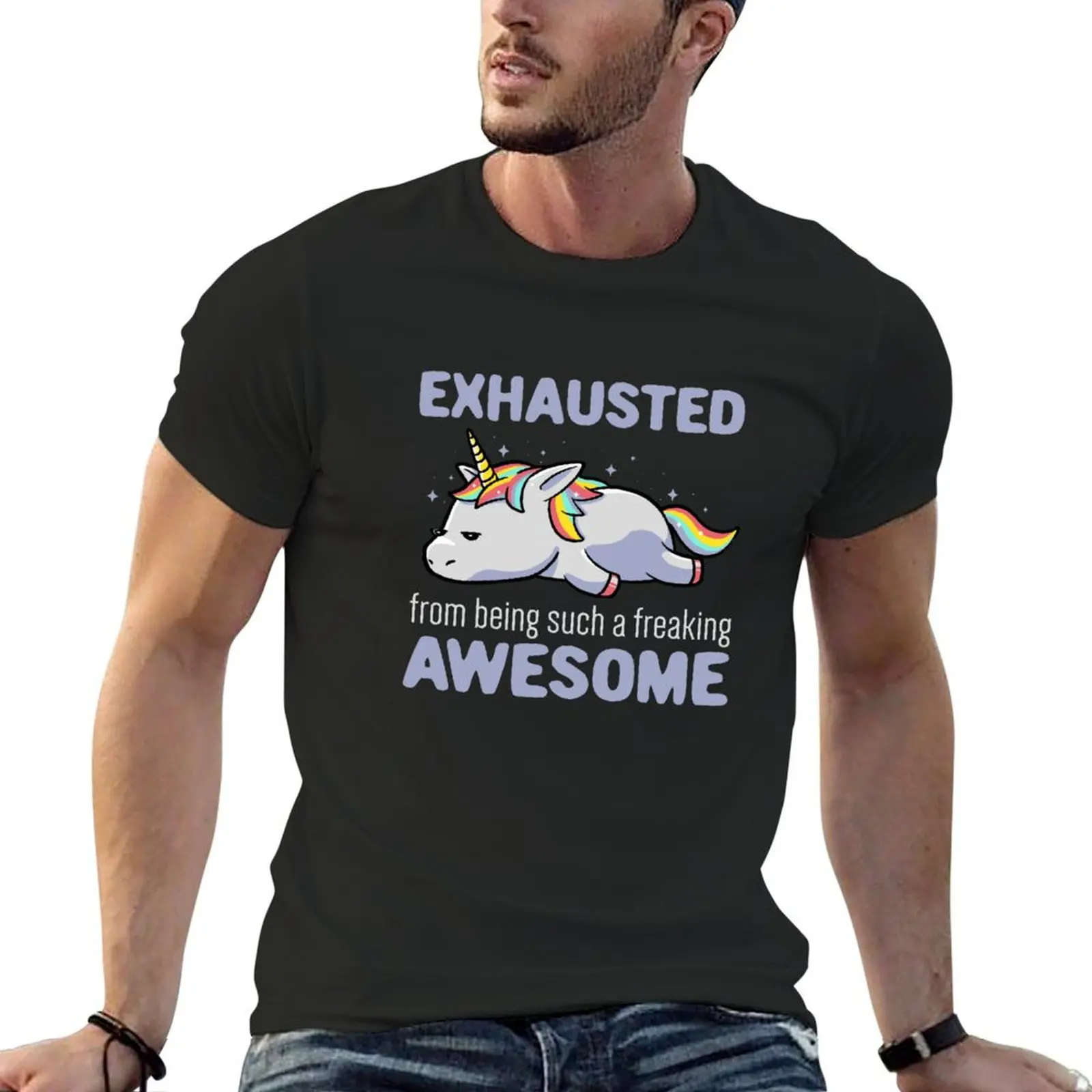 

Exhausted From Being Awesome Lazy Unicorn Gift T-Shirt tops anime clothes essential t shirt t shirts men