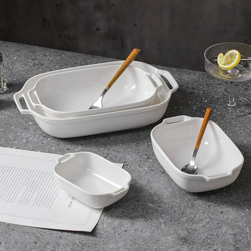 Ceramic rectangular double ear baking tray, cheese baked rice bowl, heat-resistant household baking bowl with dual handles, snac