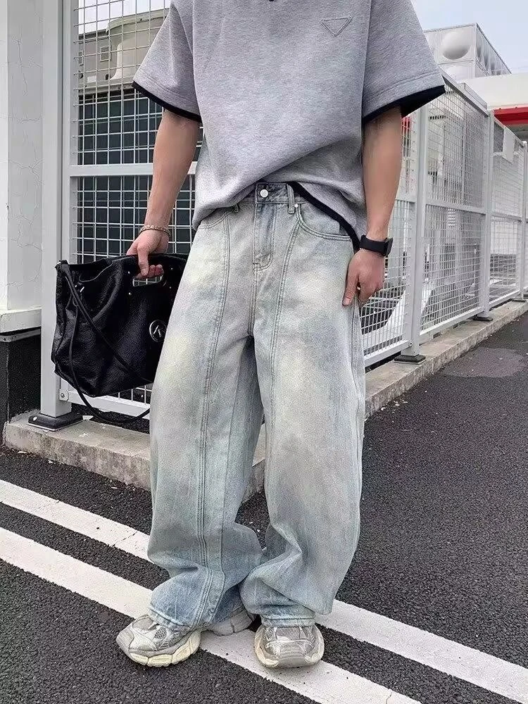 

Women's Splicing Light Blue Wide Leg Jeans Street Style High Waist Trousers Casual Cool Girl Bottoms Female Unisex Denim Pants