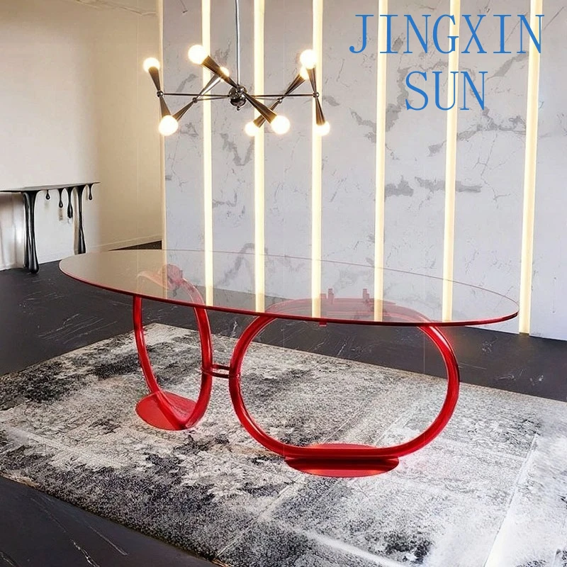 Tempered glass dining table Home modern design Creative art Oval metal dining table Dining table