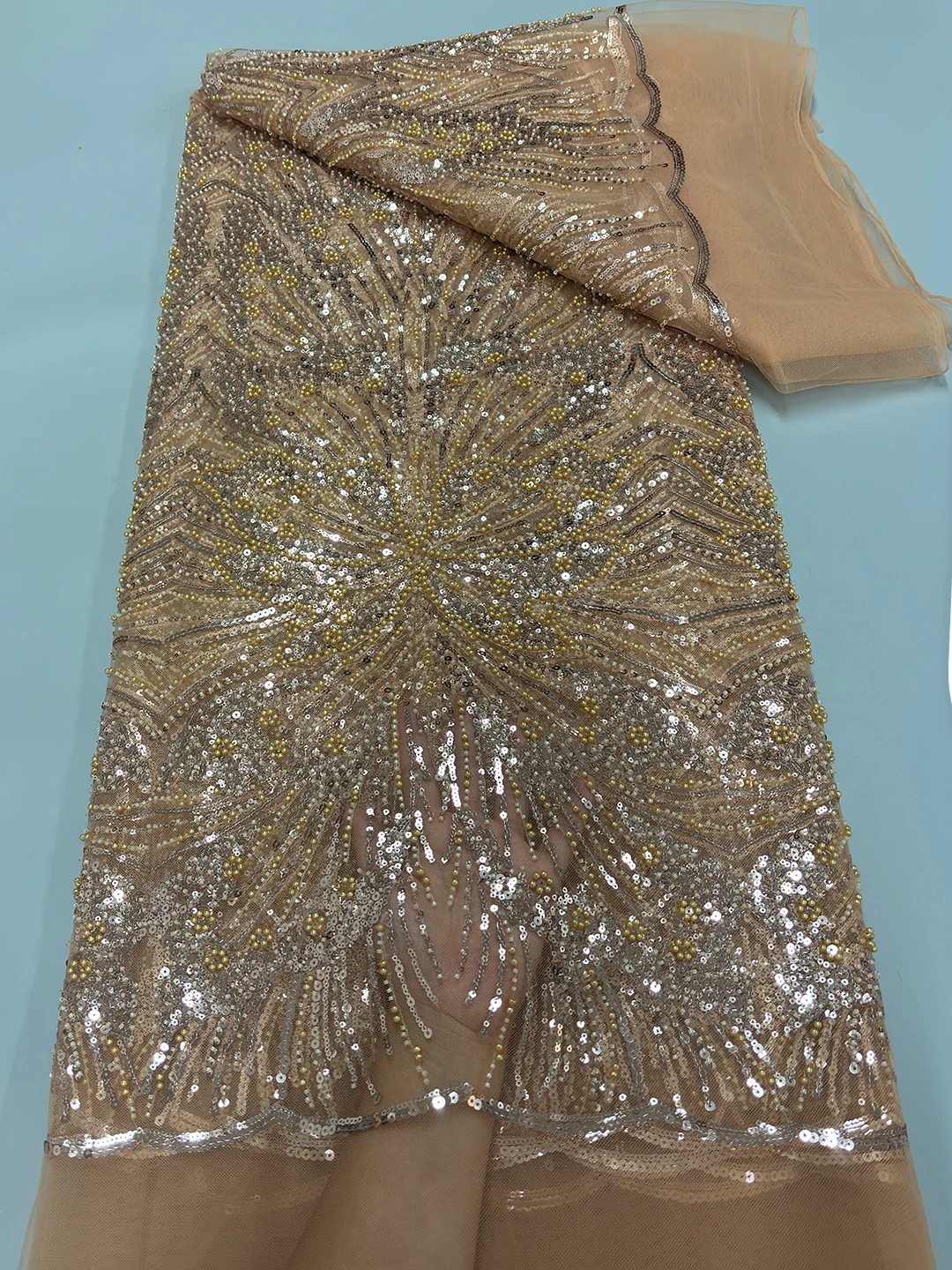 

French Tulle Beads Lace Fabric African Lace Fabric 2025 High Quality Nigerian Sequins Embroidery Lace Fabric For Wedding Sewing