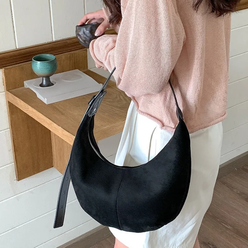 Women Korean Fashion Suede Handbags And Purses Vintage 2024 Winter Y2K New Solid Color Bag Lady Shoulder Underarm Bag