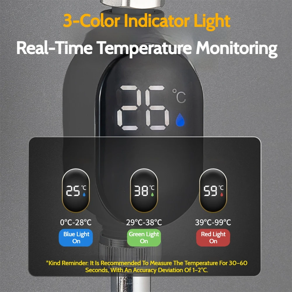 Stenoc Black Waterproof Hydropower Generation Shower Water Temperature Indicator Bathroom Led Display 0-99℃ Water Thermometer