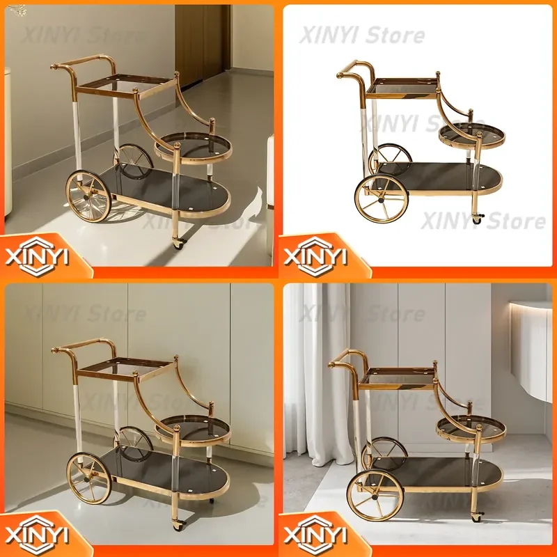 Stainless Steel Light Luxury Dining Cart Mobile Three-Layer Storage Rack Trolley for Hotel Restaurant Wine Service