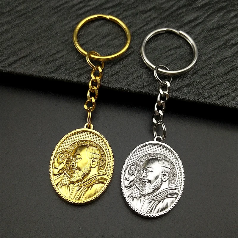 Chaveiro com medalha de Saint Father Padre Pio para homens, aço inoxidável, declaração de hip hop, pingente religioso, joia, presente