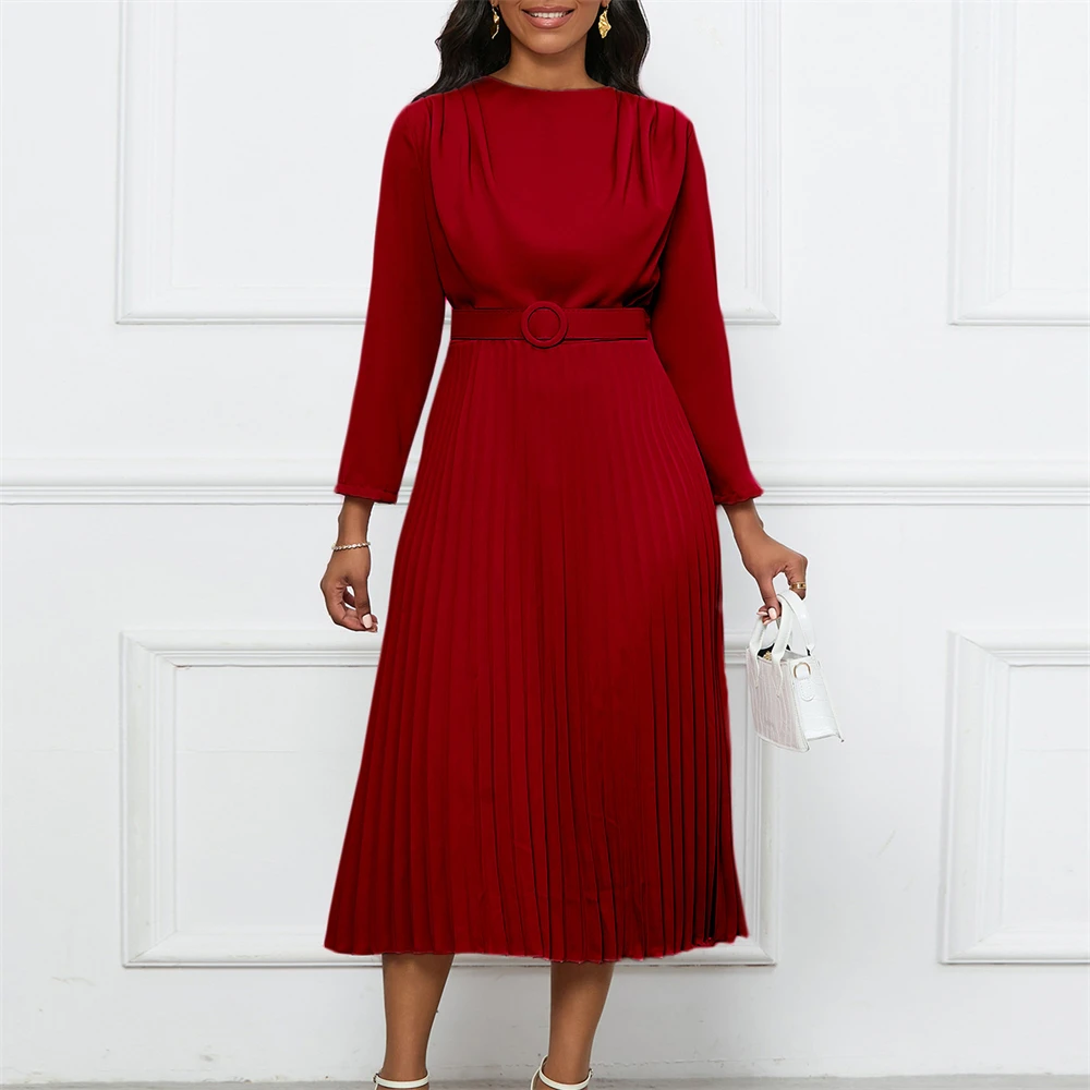 Spring Summer Midi Pleated Dress Long Sleeve Office Lady Africa Sashes Women High Waist OL Style Elegant Dresses Vestidos Gown