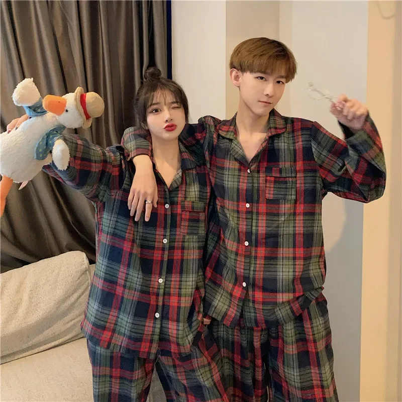 sanding couple home clothes plaid wine red green winter pajama set outwear women men sleepwear suit home service korean L852