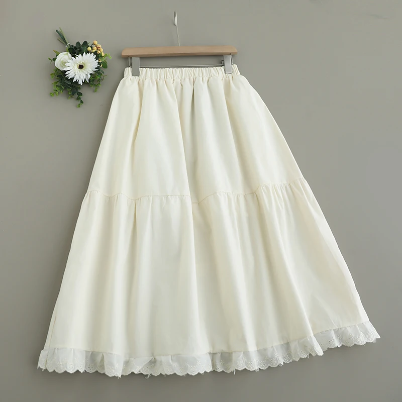 Japanese Vintage Mori Girl Floral Printed Lace Embroidery Patchwork Skirts Women Summer Elastic Waist Casual Kawaii Midi Skirts