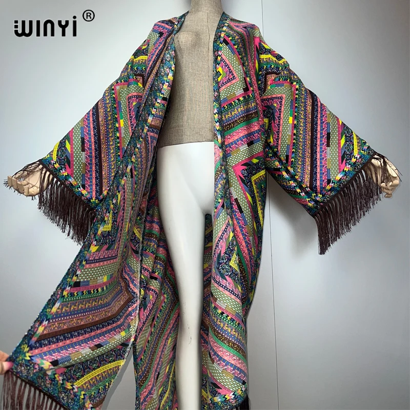 WINYI كيمونو الصيف بيكيني للشاطئ التستر مثير شرابة سترة عطلة كم طويل فستان ماكسي ملابس الشاطئ النساء 2025 المعطف معطف