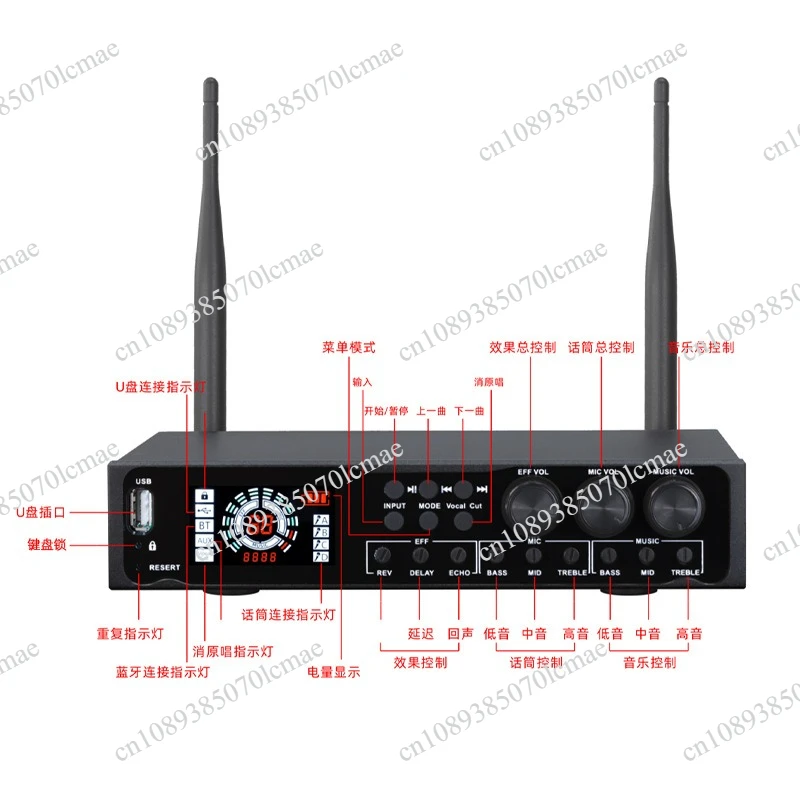 All-metal wireless microphone, microphone one to two, handheld dynamic anti-howling reverb, home charging, home k song