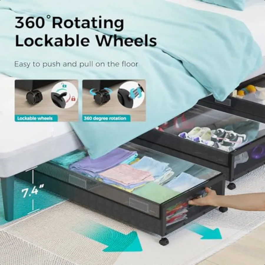 Large Under Bed Storage with Wheels Metal Under Bed Storage Containers with Clear Lid Handle Rolling Under Bed Shoe Storage Dra