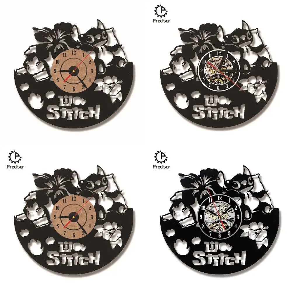 Stitch Vinyl Record Wall Clock Hollow Black Vinyl Clock for Kids Room Decor Creative Cartoon Wall Clock