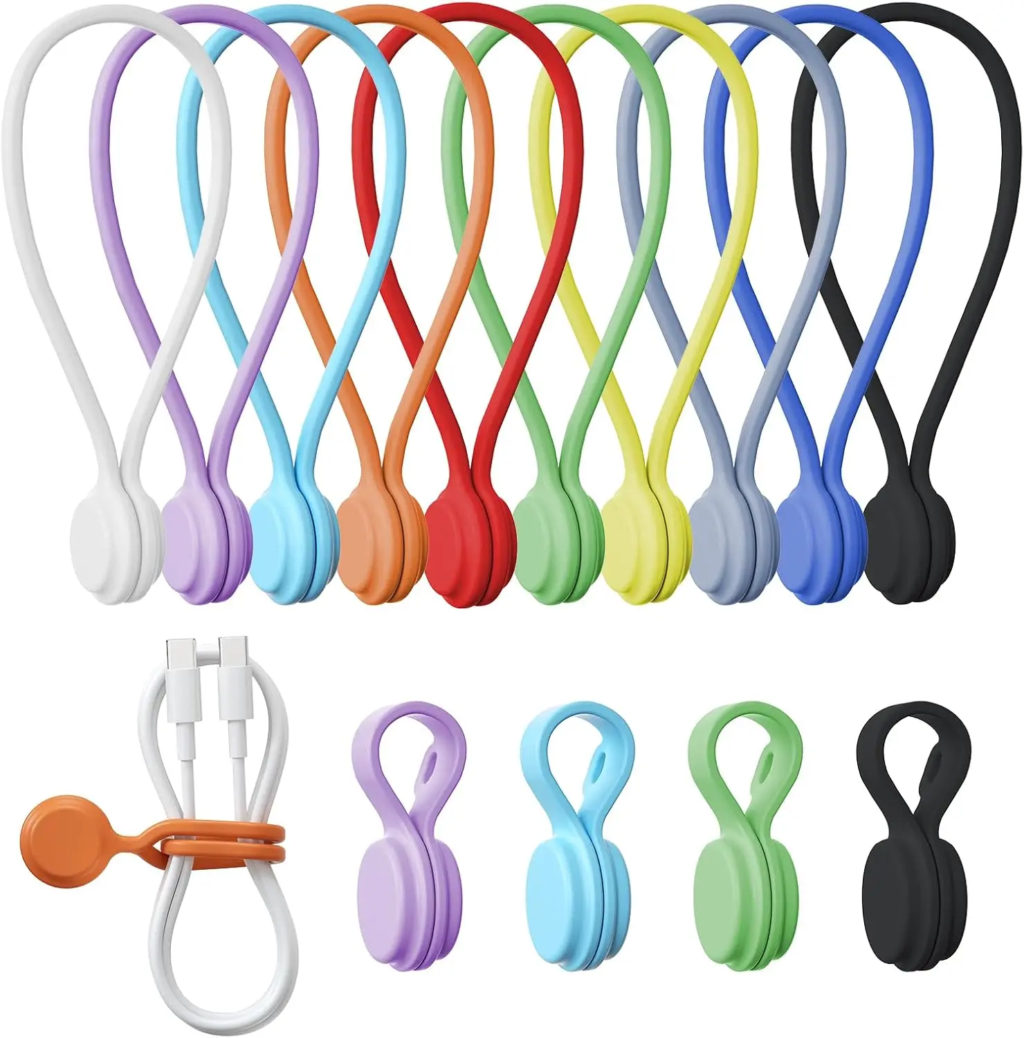 

Reusable Silicone Magnetic Cable Ties - 14 Pack, 2 Sizes, Assorted Colors - Perfect for Organizing Cords, Headphones, and More