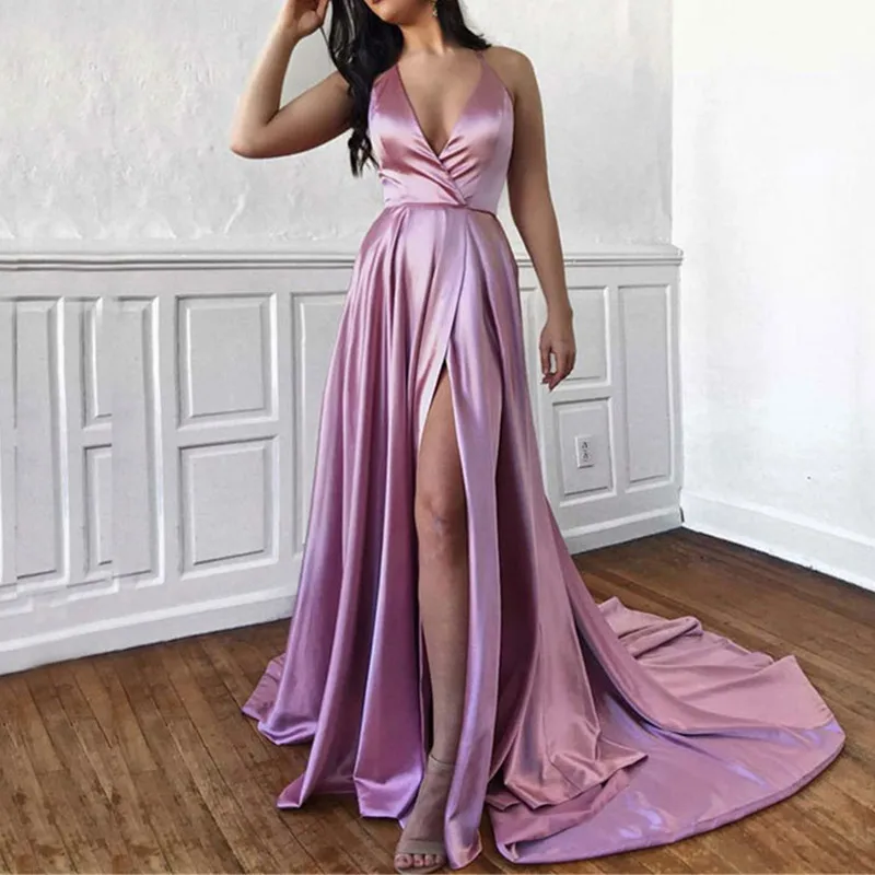Vestido de fiesta con tirantes finos, vestido de noche Sexy largo con cuello en V y espalda descubierta, Vestidos de fiesta sencillos sin mangas