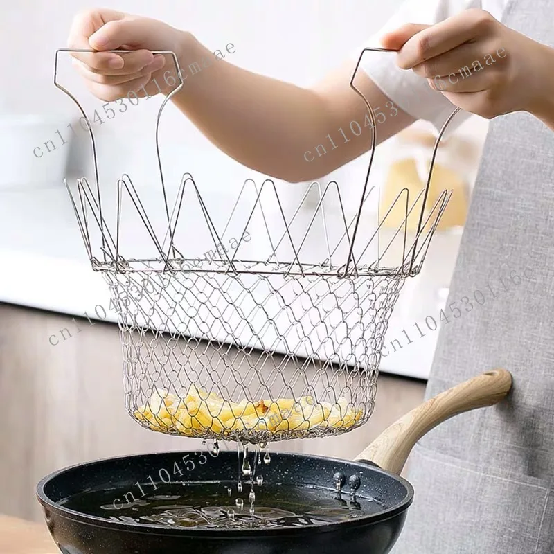 304 Stainless Steel Fried Basket Household French Fries  Chicken Wings Retractable Folding Round Filter Leaky Drain