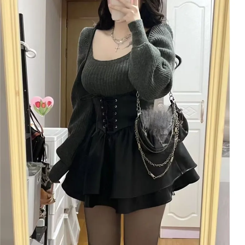 Autumn Winter New Two-piece Set Woman Casual Knitted Sweater High Waist Leather Black Mini Dress Korean Fashion Outfits Clohting