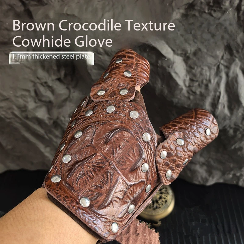 Coffee Colored Imitation Crocodile Pattern Real Cowhide Full Package Slingshot Handguard, Thickened Steel Plate Pulley Bow Handg