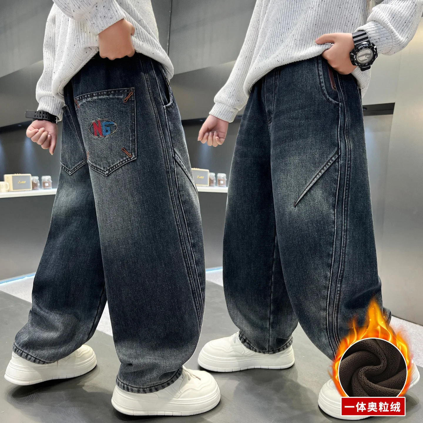 الأولاد الخريف الشتاء الجينز الأطفال صوف مبطن سميكة الدافئة مستقيم الساق السراويل إلكتروني طباعة المراهقين الاطفال الحرارية الدنيم السراويل