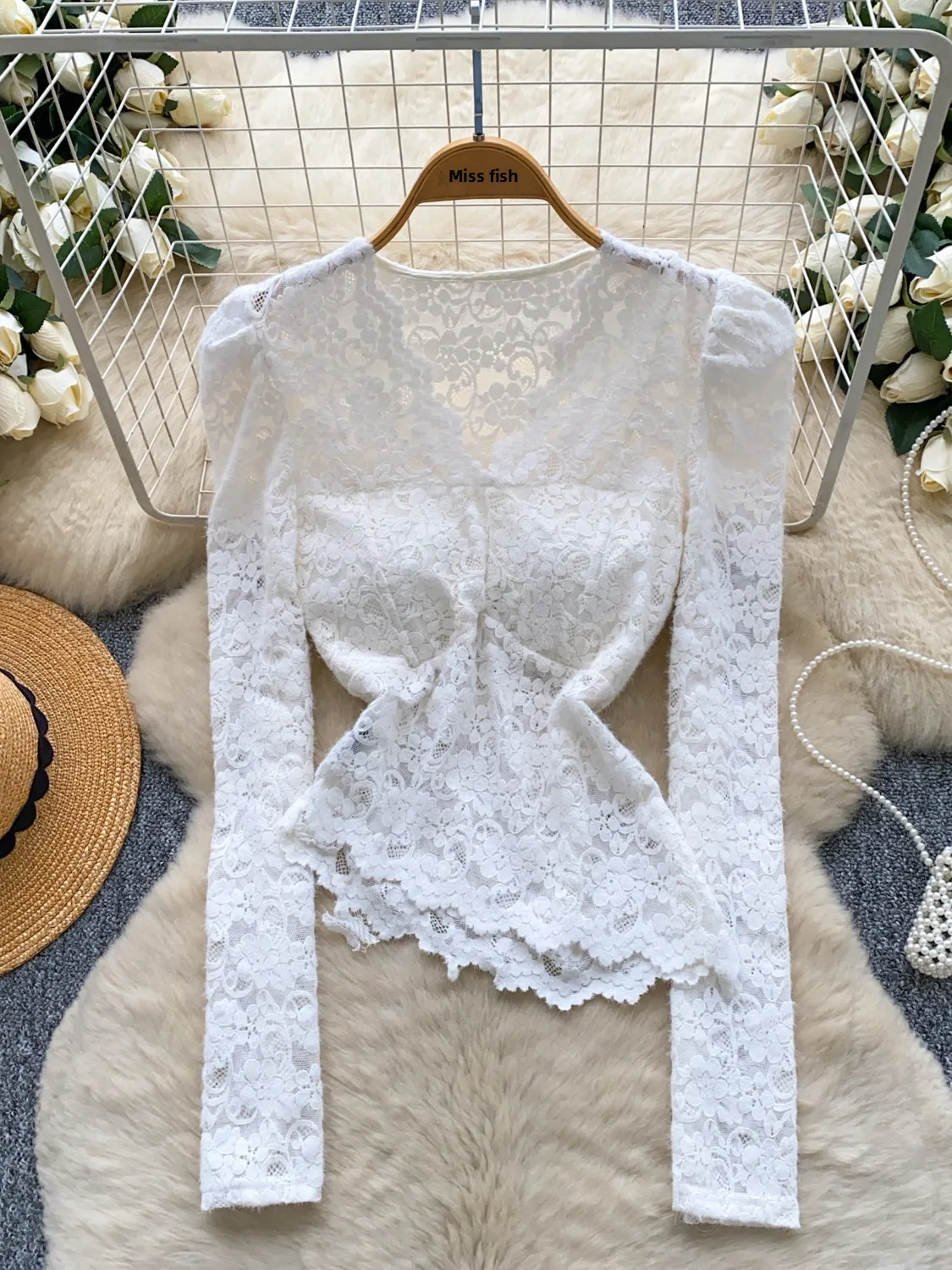 

Ele Lace Bubble Sve V-Ne irt Women's Slim Fit Asymmetrical Top Korean Sle Commute Faion Polyester Fiber