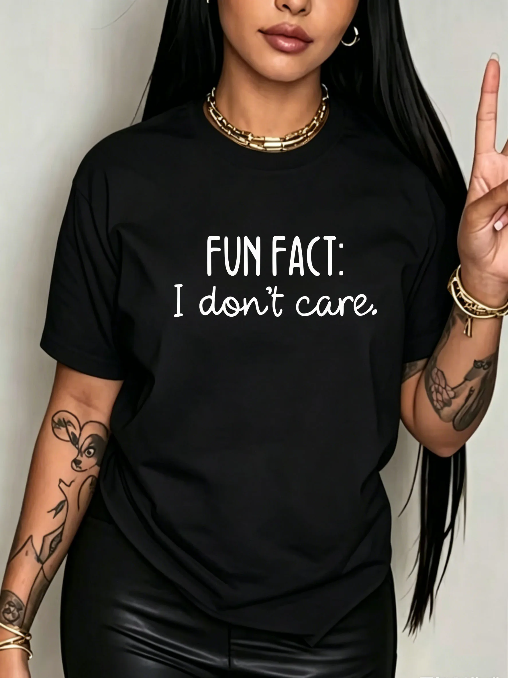 Women 'FUN FACT: I Don't Care' Slogan Print T-Shirt Funny Attitude Quote Crew Neck Short Sleeve Daily Casual Tee Breathable Tops