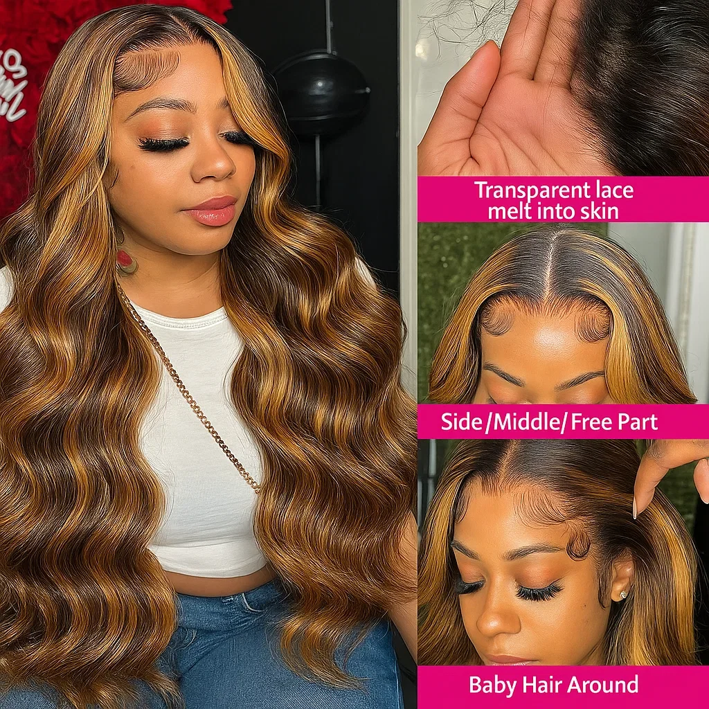 30 بوصة العسل شقراء أومبير الدانتيل شعر مستعار أمامي شعر الإنسان 13x4 HD الدانتيل الباروكة الأمامية 4/27 تسليط الضوء على الجسم موجة الباروكات قبل قطعها #2