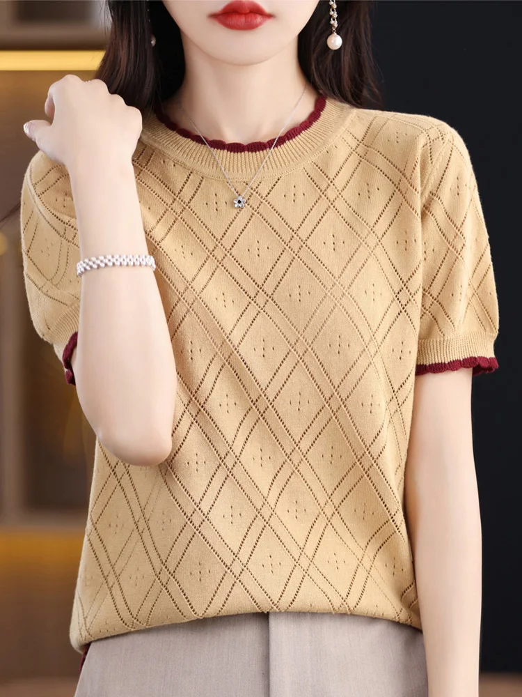 O Neck Short Sleeve T Shirt For Women Loose Casual Tees Hollow Out Knitted Tshirts Female Thin Elasticity Tops 2025 Summer