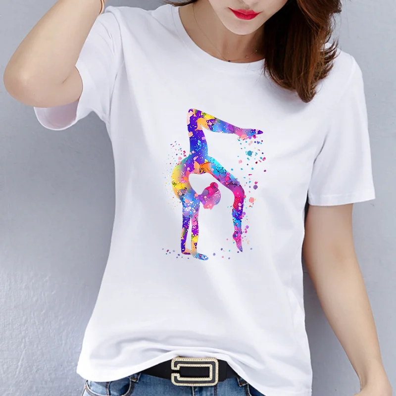 Best-selling Women's Dance Gymnastics Round-neck T-shirt, Short-sleeved T-shirt, Cartoon Casual Fashion Base Shirt  polyester