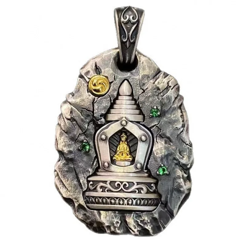 Vintage Relief  Buddhist Pagoda Pendant For Men Jewelry Blessing Vajra Pestle Necklace Women Choker Accessories view 3