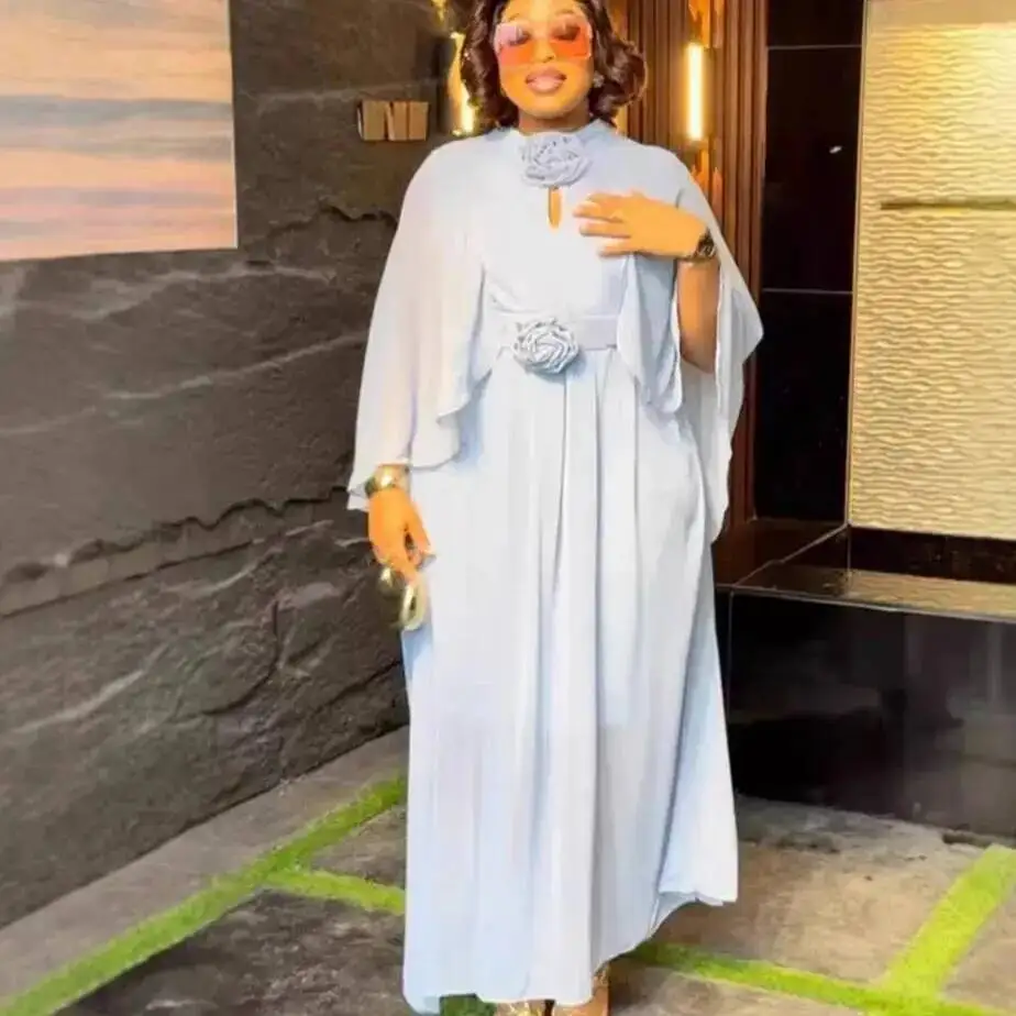 

Plus-size Women's Light Blue Cape Dress With Three-dimensional Flowers, Waist-cinching Long Dress, Figure-flattering And Elegant