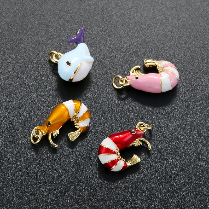 18K Gold Plated Enamel Ocean Animal Charms Cute Whale & Shrimp Dangle Pendants Enamel Sea Life Charms for DIY:VD2471-VD2472