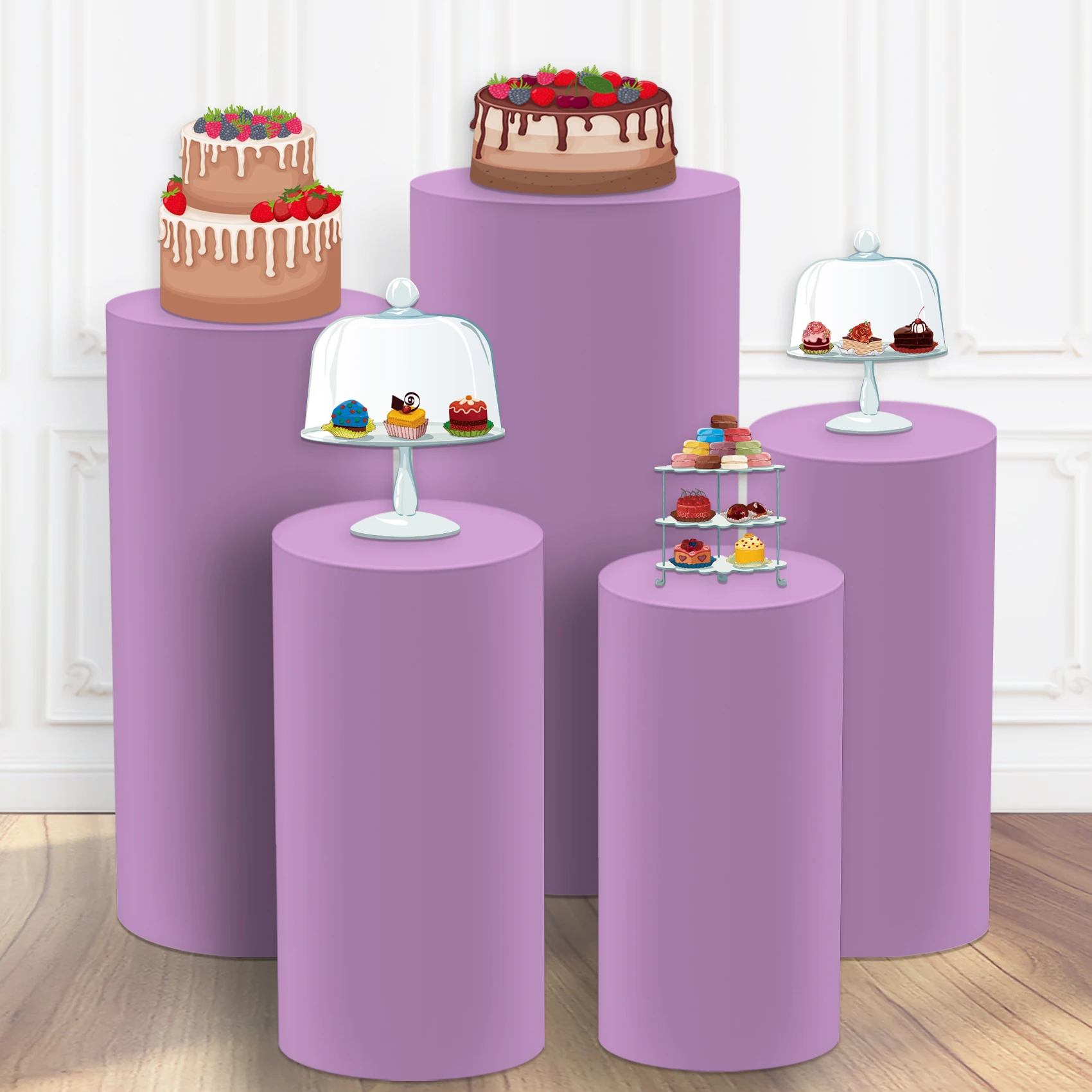 Spandex Cylinder Pedestal Covers Purple Set of 5 Cylinder Plinth Stand Cover for Wedding Props Birthday Party Event Decor