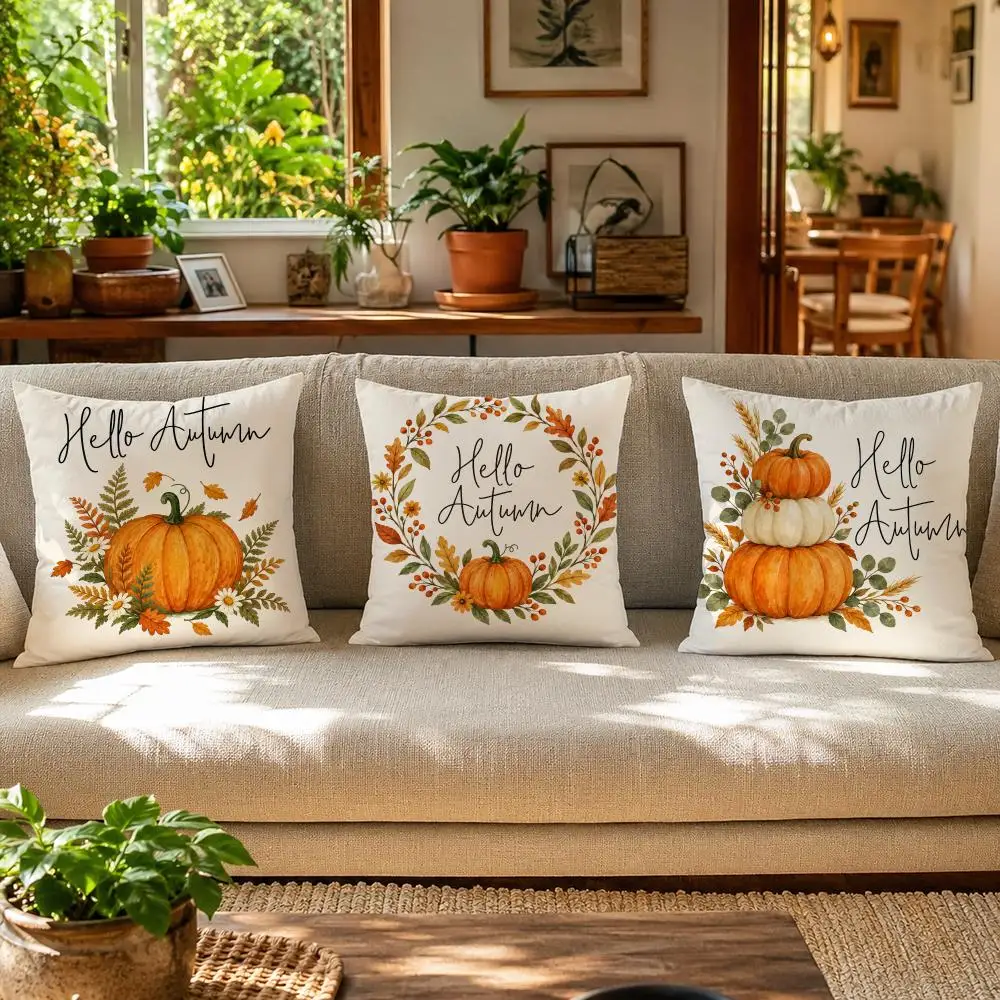 Hello Autumn Pumpkin Cushion Cover Skin-Friendly Organic Linen Pillow Cover Durable Hypoallergenic Washable Soft