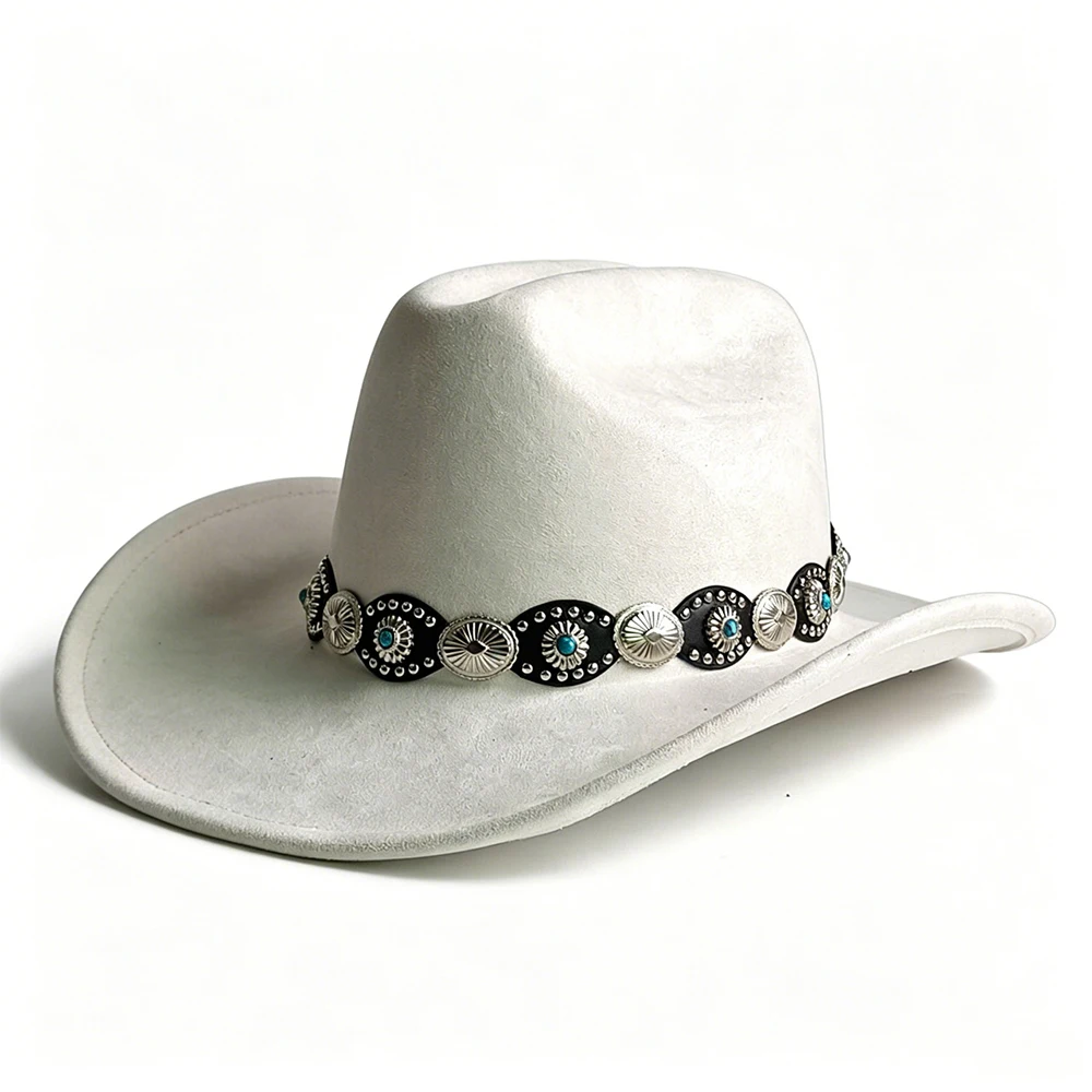 White Western Cowboy Hat Turquoise Silver Concho Hat Band Wide Brim Felt Cowgirl Hat Vintage Southwest Rodeo Party Costume Hat F