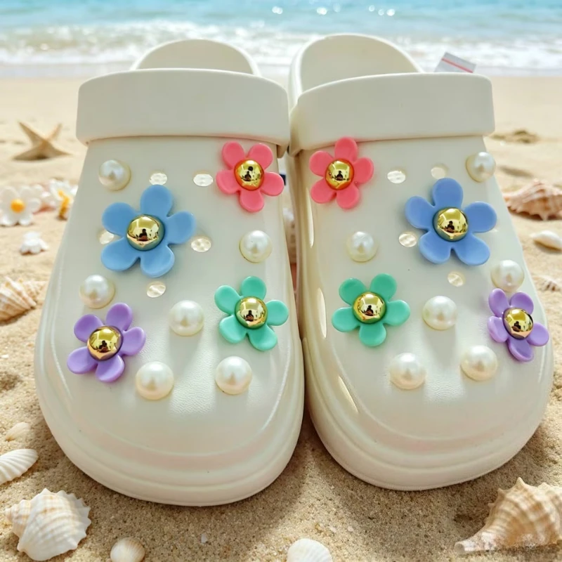DIY Hole Shoes Charms Set Sweet Daisy & Pearls Garden Shoe Accessories Designer Shoe Decor for Girls Lovely Shoe Gift Set