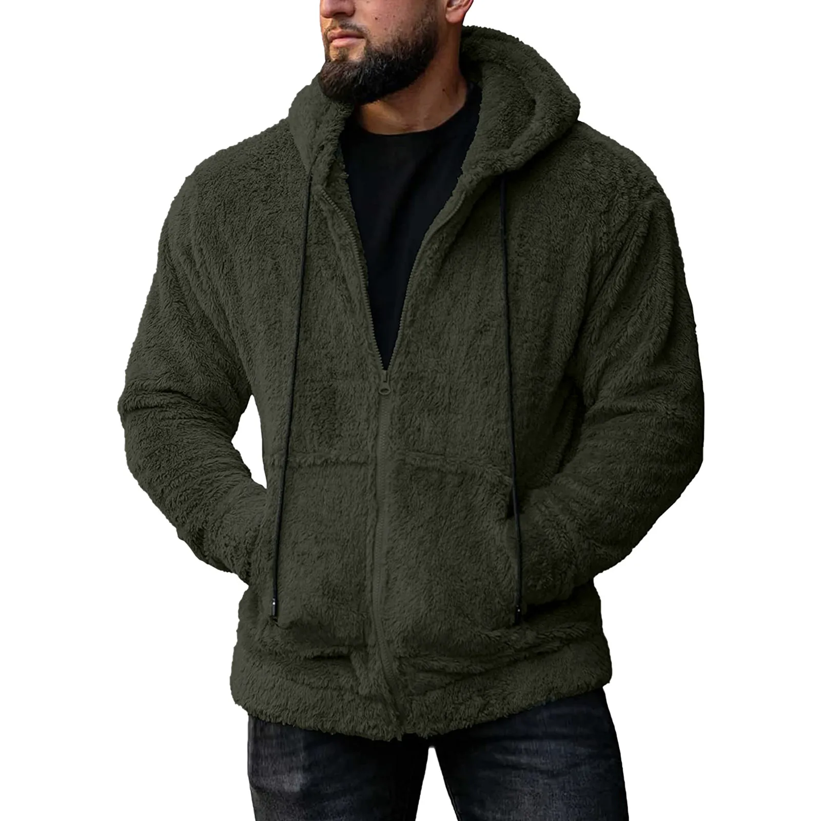 Men's Hoodie Zip Fleece Sweatshirt Winter Solid Color Long Sleeve Warm Pocket Fashion Jacket Zip Double Sided Plush Jacket кофта