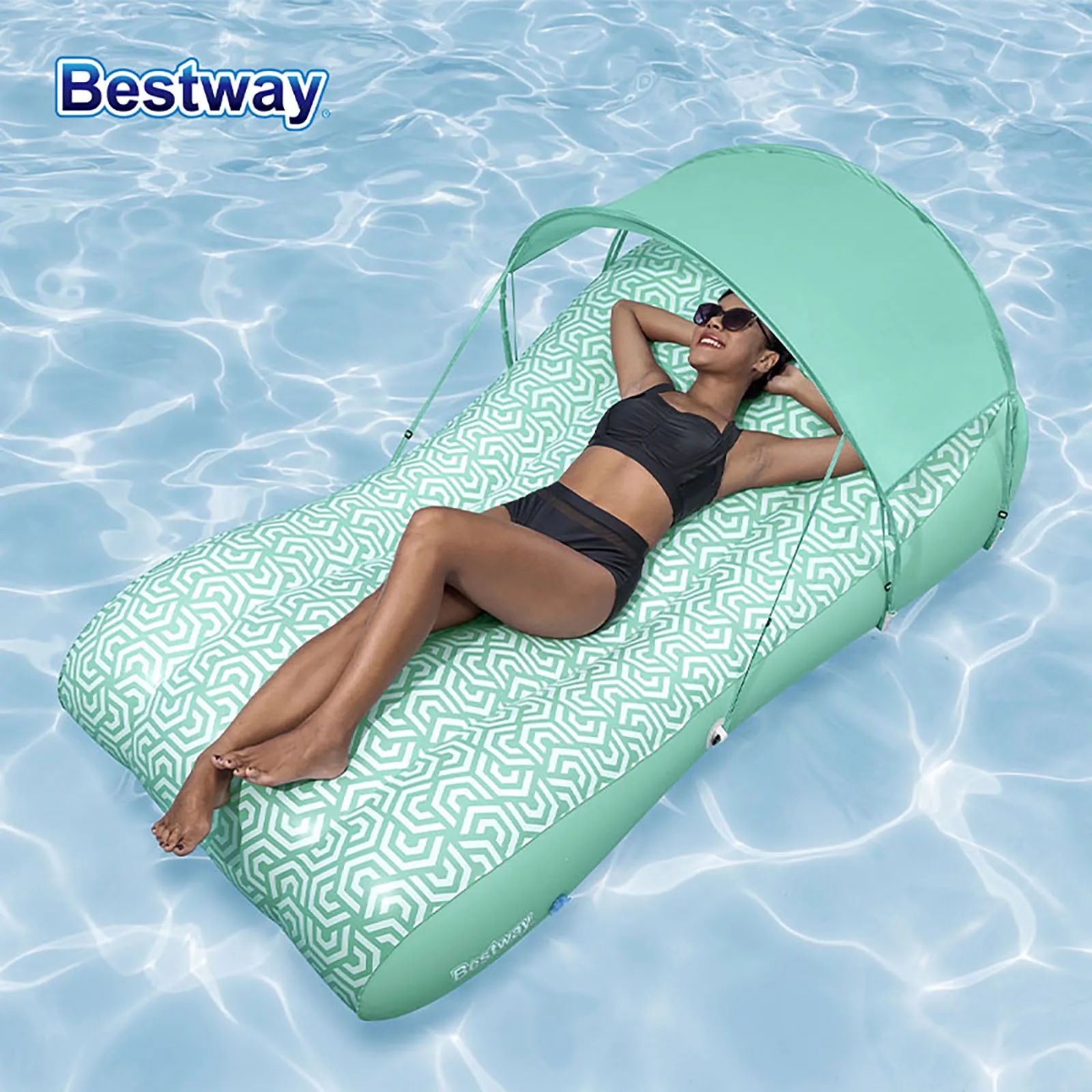 Bestway 43729 1 silla flotante inflable para piscina con dosel, flotador para piscina, estera flotante inflable con respaldo, reposapiés