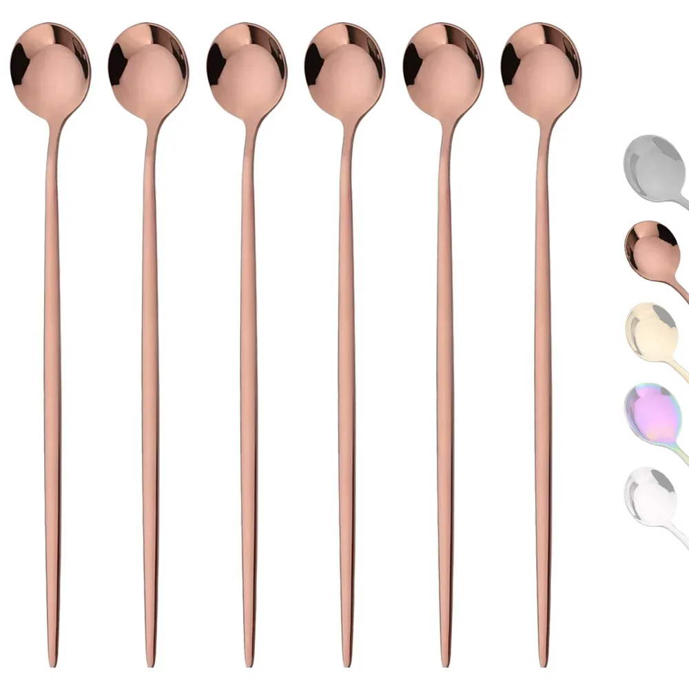 6Pcs Long Handle Ice Spoon Coffee Tea Stir Spoon Stainless Steel Rose Gold Cutlery Set Dinnerware Kitchen Dinner Flatware Set