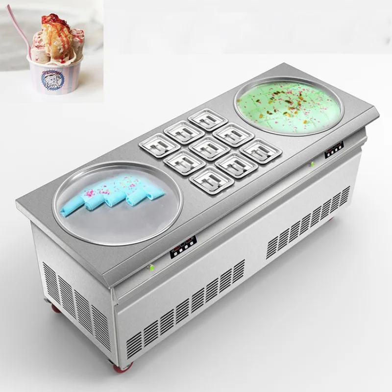 Commercial Rolled Ice Cream Machine 2800W Double Pan Ice Cream Roll Maker with Cabinet Fried Ice Cream Roll Machine