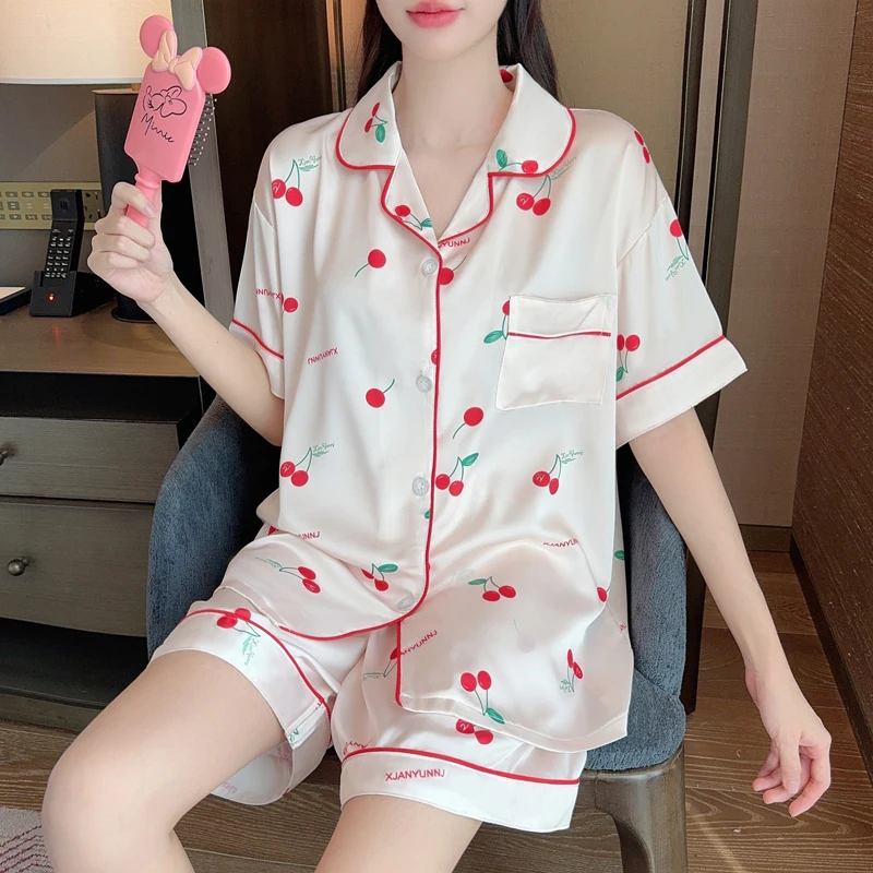 Ins Japanese Casual Pajamas Women\'s Summer Thin Girl\'s Home Lapel Cardigan Two-piece Set Fashion Pyjamas Women Homewear 2PJS