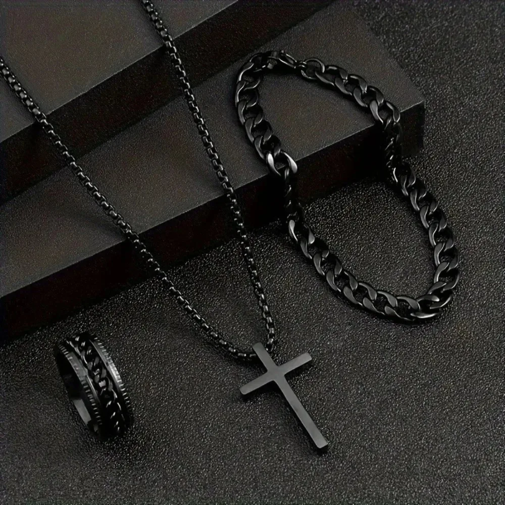 Hip Hop Men's Metal Cross Pendant Chain Necklace Bracelet Ring Jewelry Set