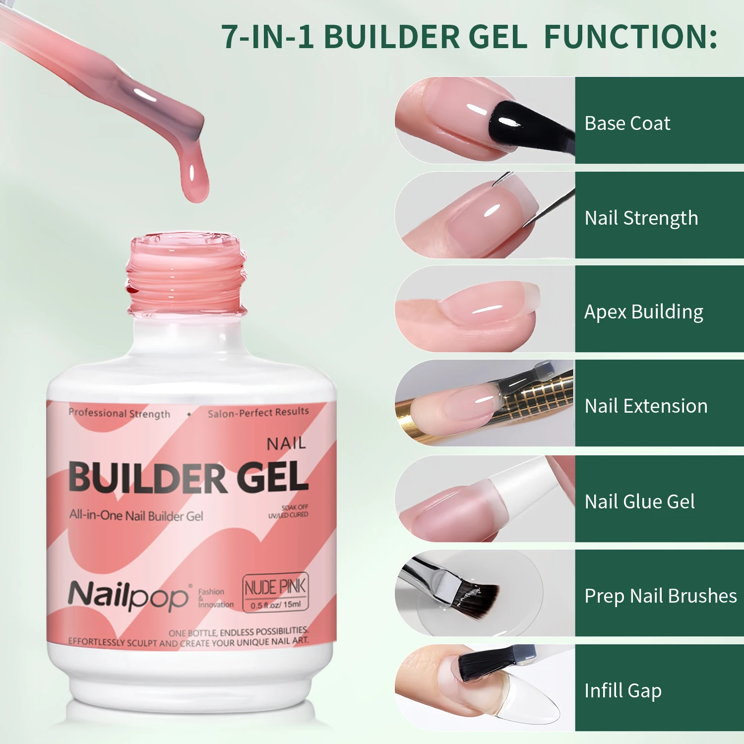 Nailpop 7IN1 Builder Gel Multifunktionales 15 ml für Nagelverlängerungsstärke Apex Building Base Top Coat Nagelgel Französische Maniküre